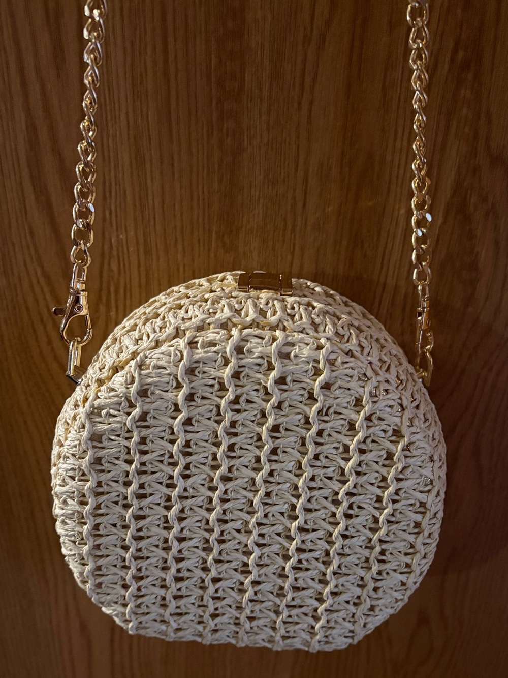 Woven Round Crossbody Bag in Cream with Gold Chain